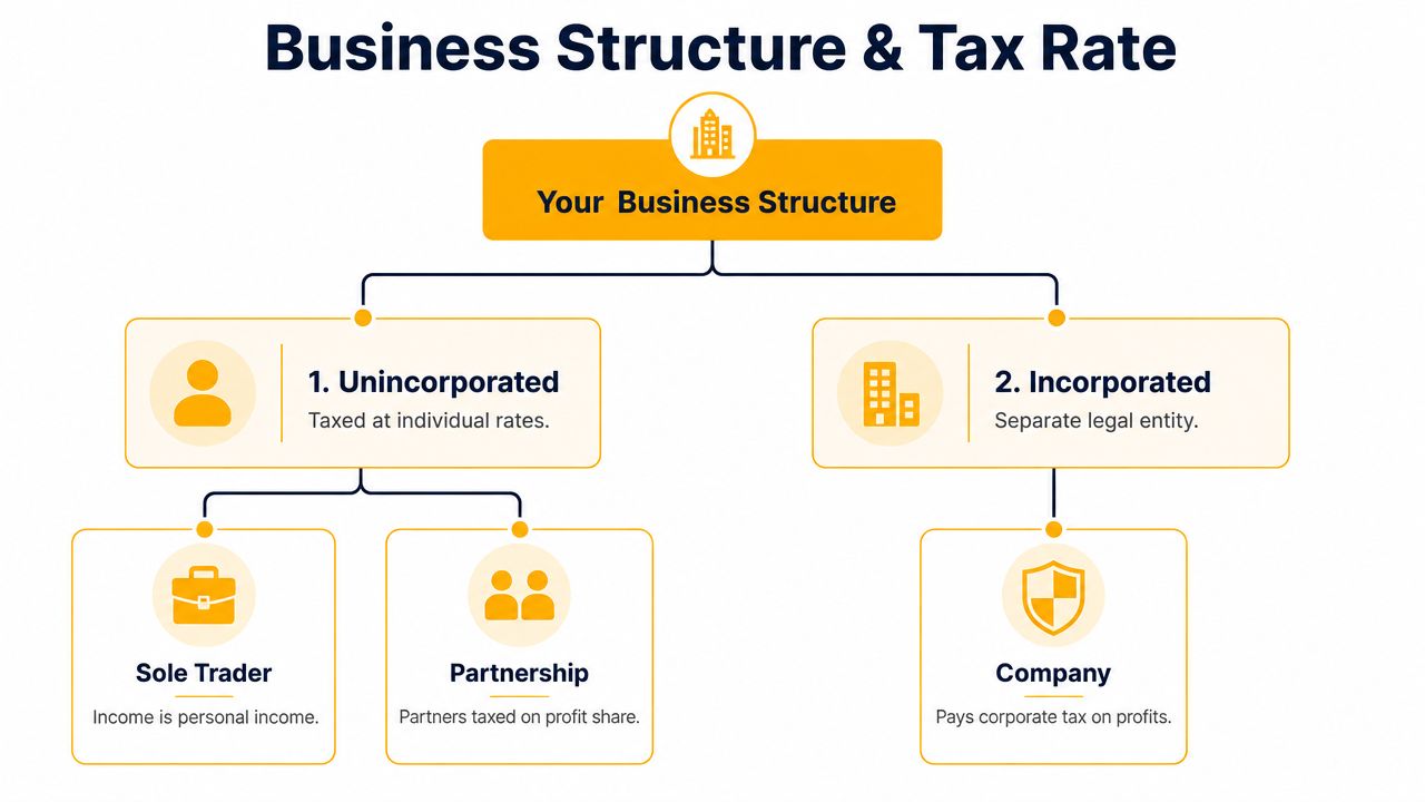 A flowchart showing different business structures including unincorporated sole traders, partnerships, and incorporated companies with tax implications.