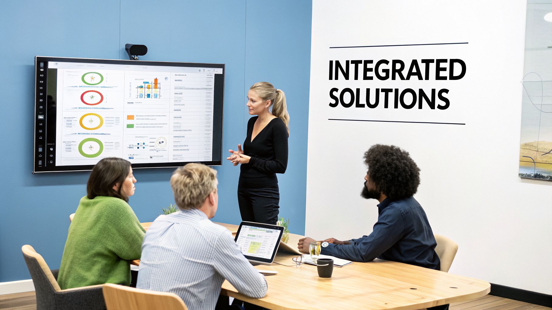A woman presents data and charts on a large screen to colleagues in a modern meeting room.