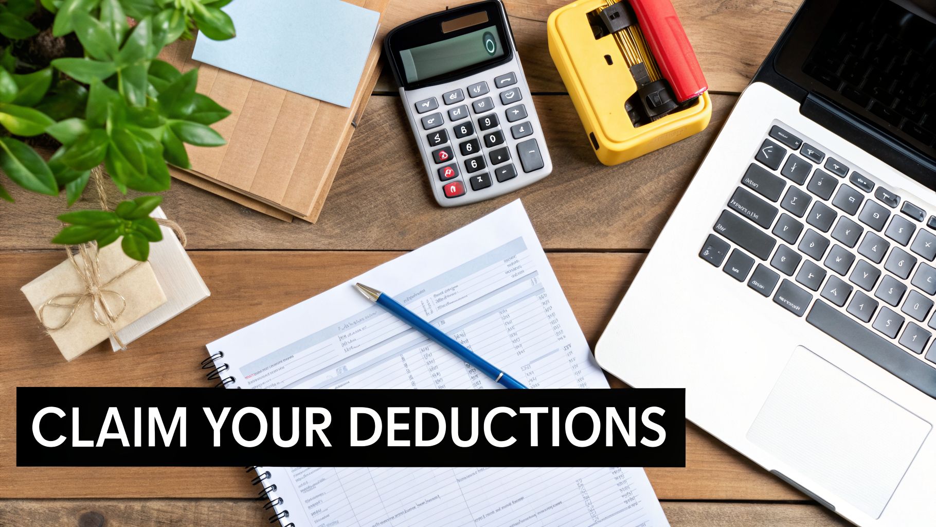 Overhead shot of a desk with a calculator, laptop, papers, pen, and a plant, with text 'CLAIM YOUR DEDUCTIONS'.