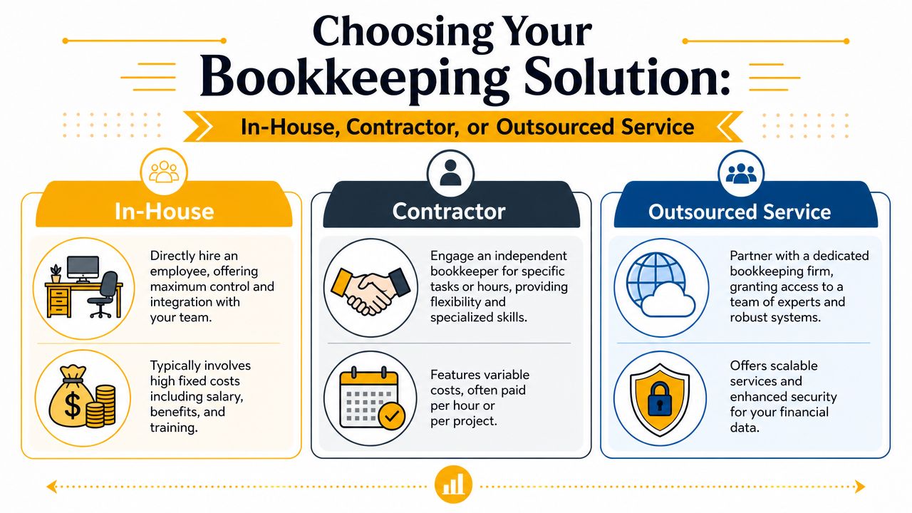 A comparison infographic showing three bookkeeping options: In-House, Contractor, and Outsourced Service for small businesses.
