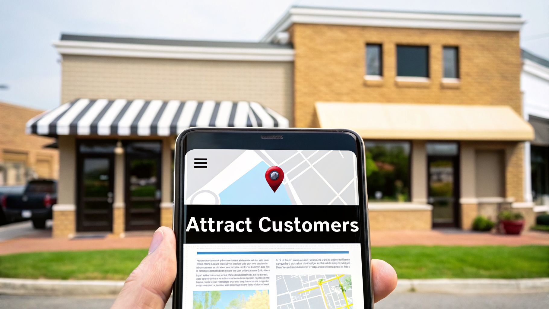 Hand holding a smartphone displaying a map, location pin, and 'Attract Customers' text in front of blurred storefronts.