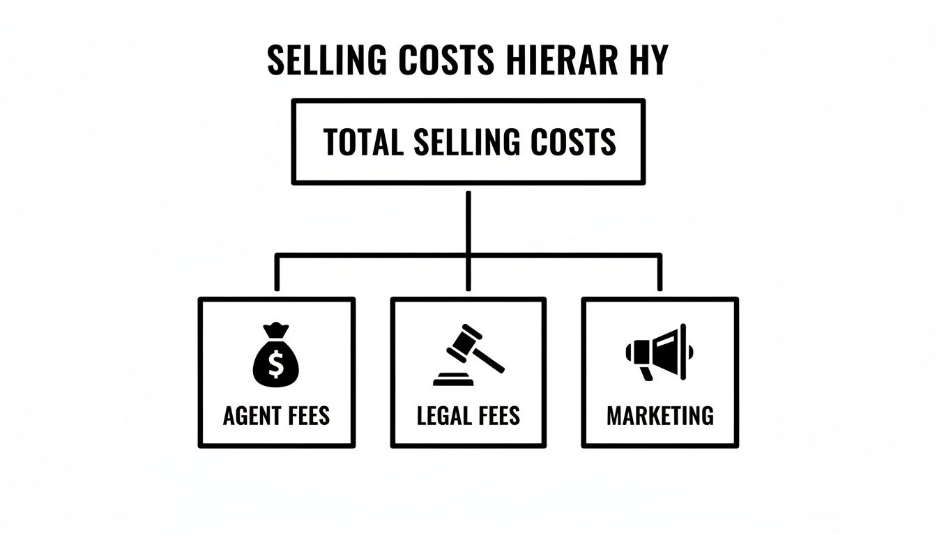 Hierarchy chart detailing total selling costs, including agent fees, legal fees, and marketing expenses.