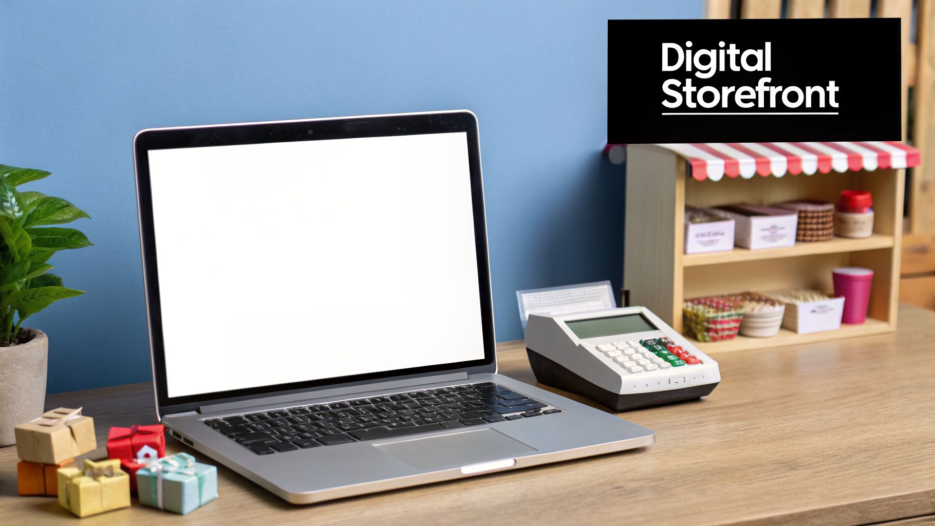 A laptop with a blank screen, payment terminal, and miniature digital storefront on a wooden desk.