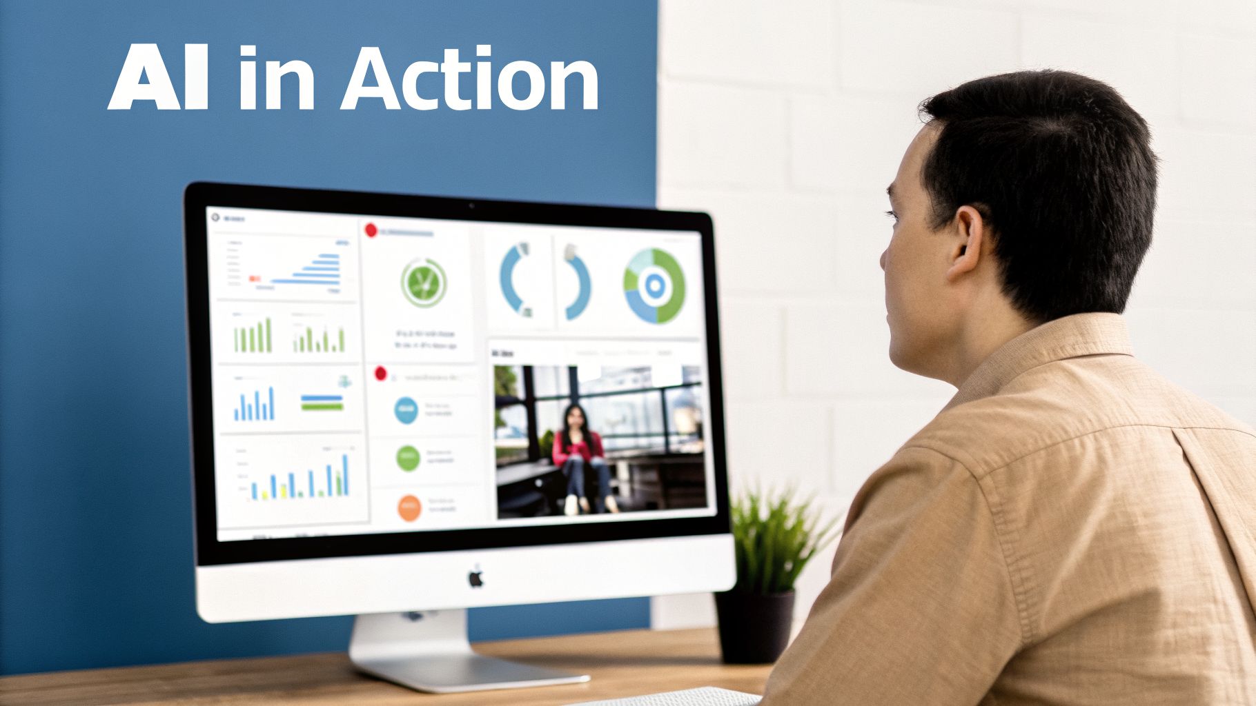 Man looking at a monitor displaying 'AI in Action' title, data dashboards, and a video call.