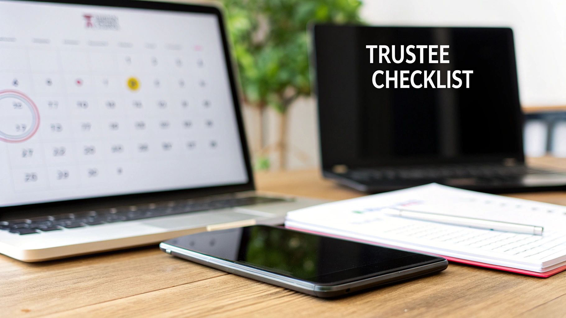 A desk with two laptops, one displaying 'TRUSTEE CHECKLIST' and the other a calendar, with a phone and notebook.