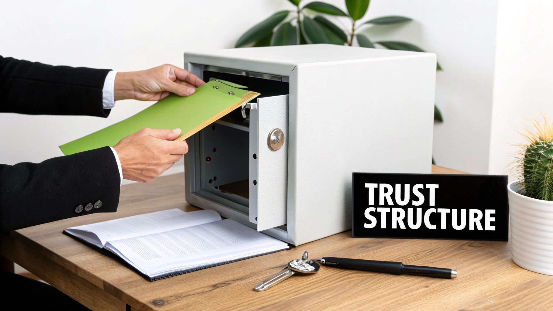 A person in a suit secures a green folder in an open safe on a desk, next to a "TRUST STRUCTURE" sign.