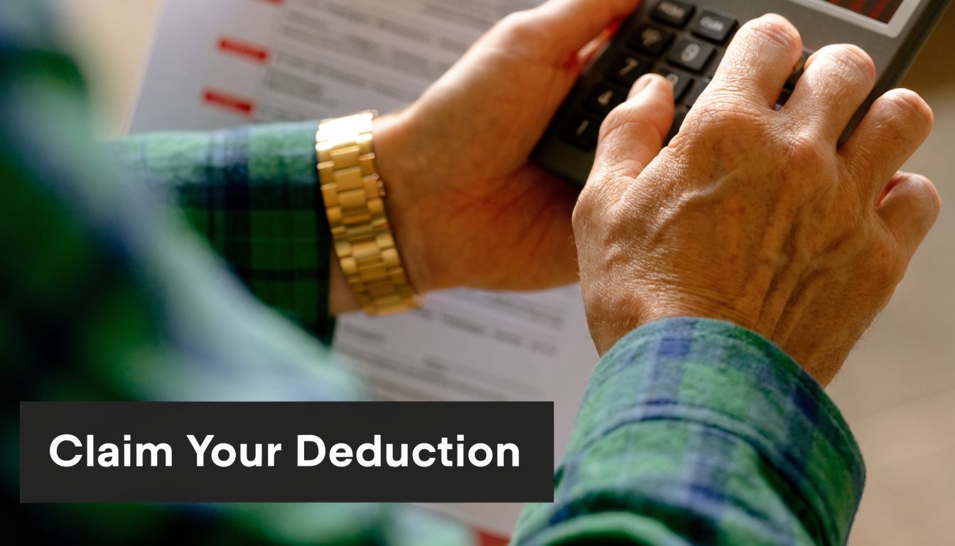 A person wearing a green plaid shirt calculates tax deductions while holding a document in their hand.