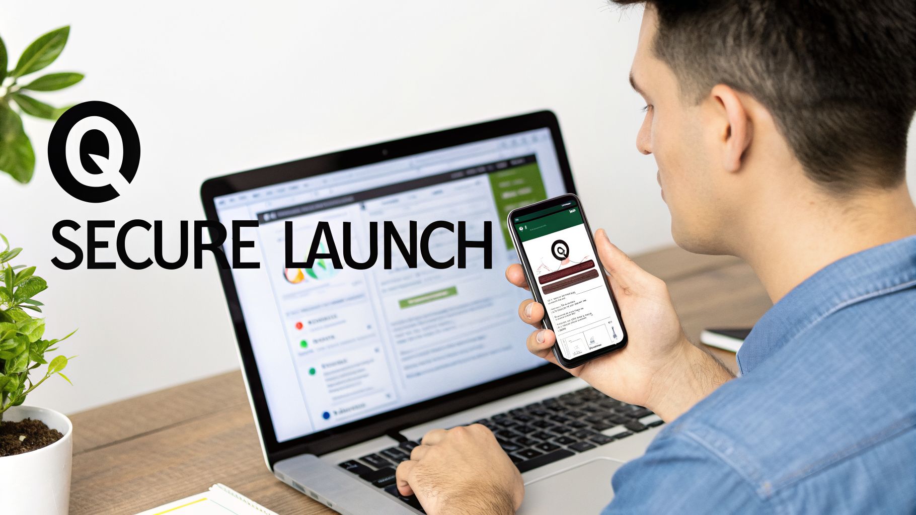 Man using a laptop and smartphone displaying an app with a 'Q' logo and 'SECURE LAUNCH' text.