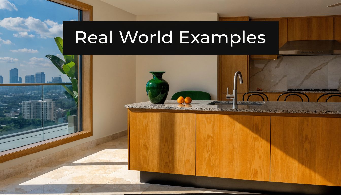 A modern kitchen island with wooden cabinets and marble countertop overlooking a scenic city skyline view.