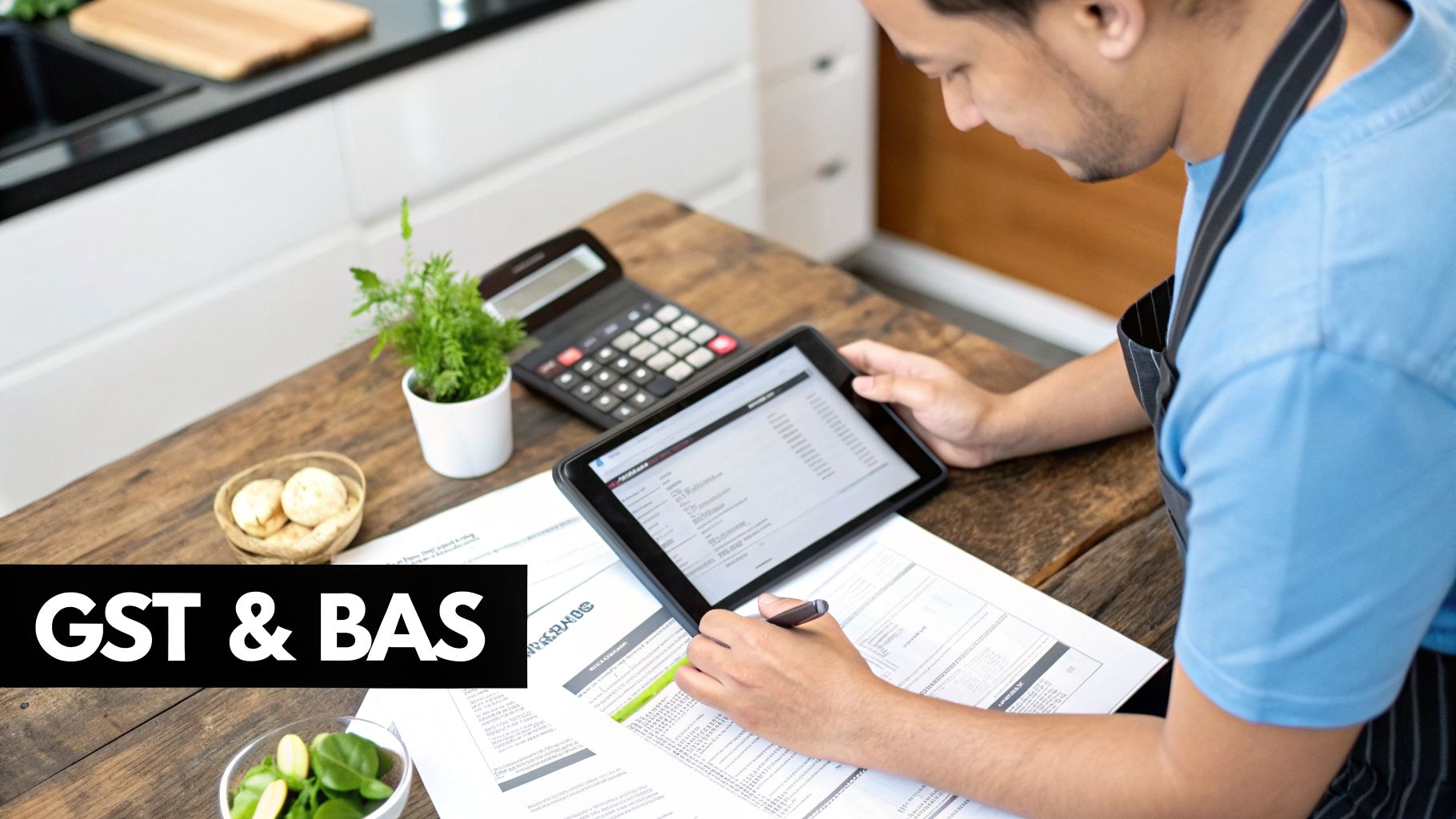 Person managing business finances, likely GST and BAS, using a tablet, calculator, and documents.