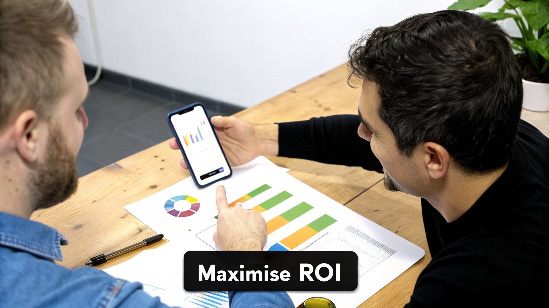 Two men discuss app development rates while analyzing data on a phone and paper charts.