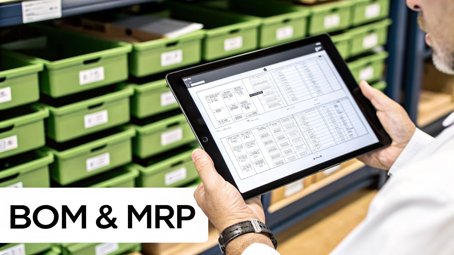 A person reviews a manufacturing plan on a tablet in a warehouse setting, surrounded by green bins.