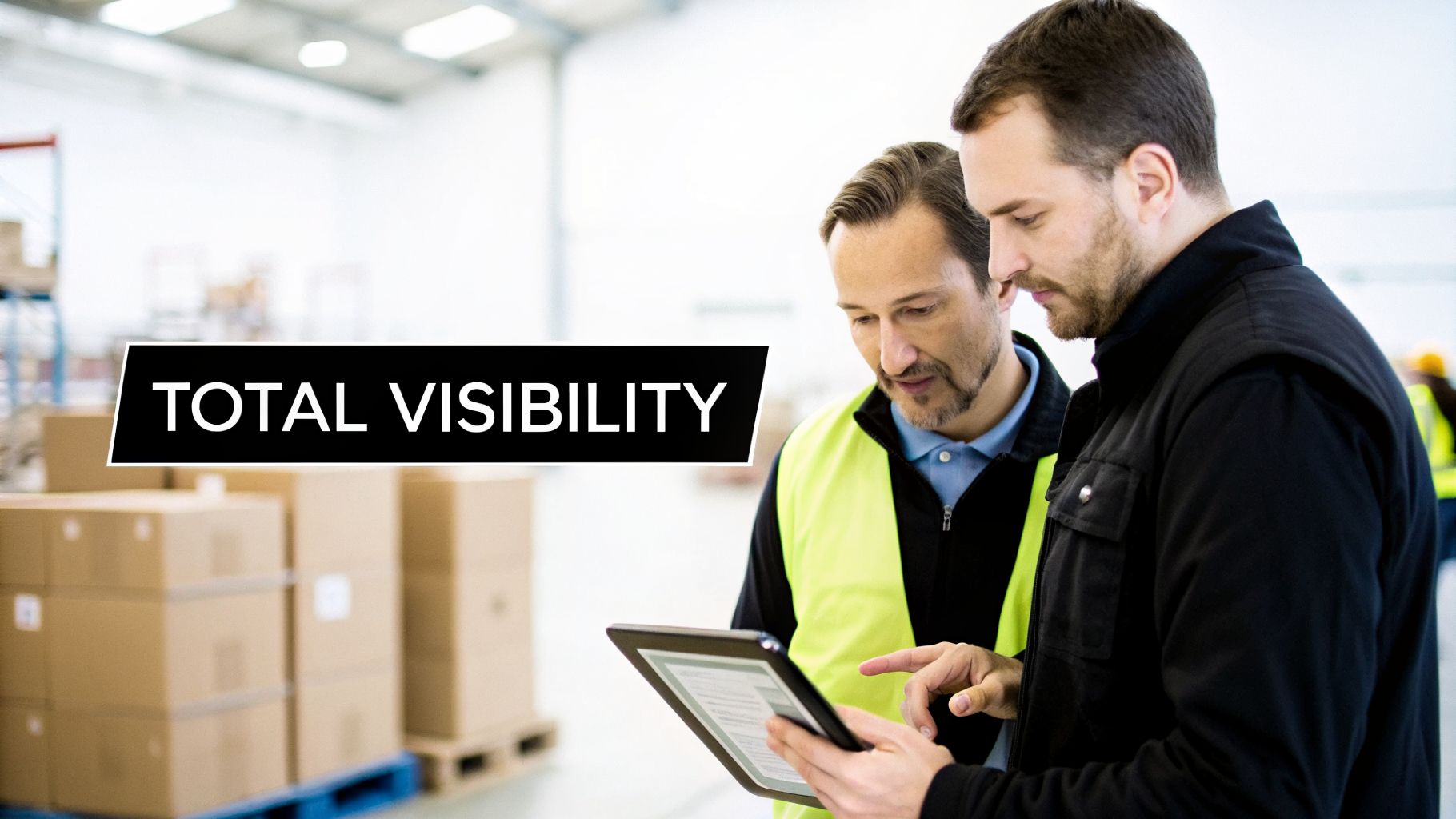 Two warehouse workers reviewing data on a tablet, symbolizing total visibility in logistics.