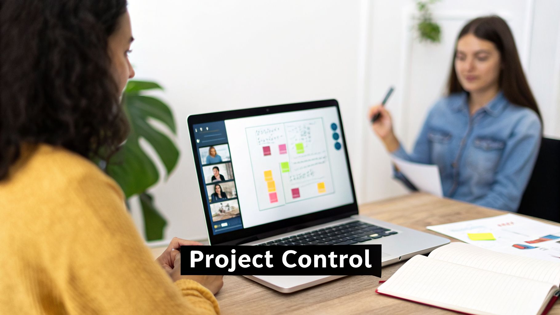 Two women collaborating remotely on a project, one looking at a laptop with a video call and whiteboard.
