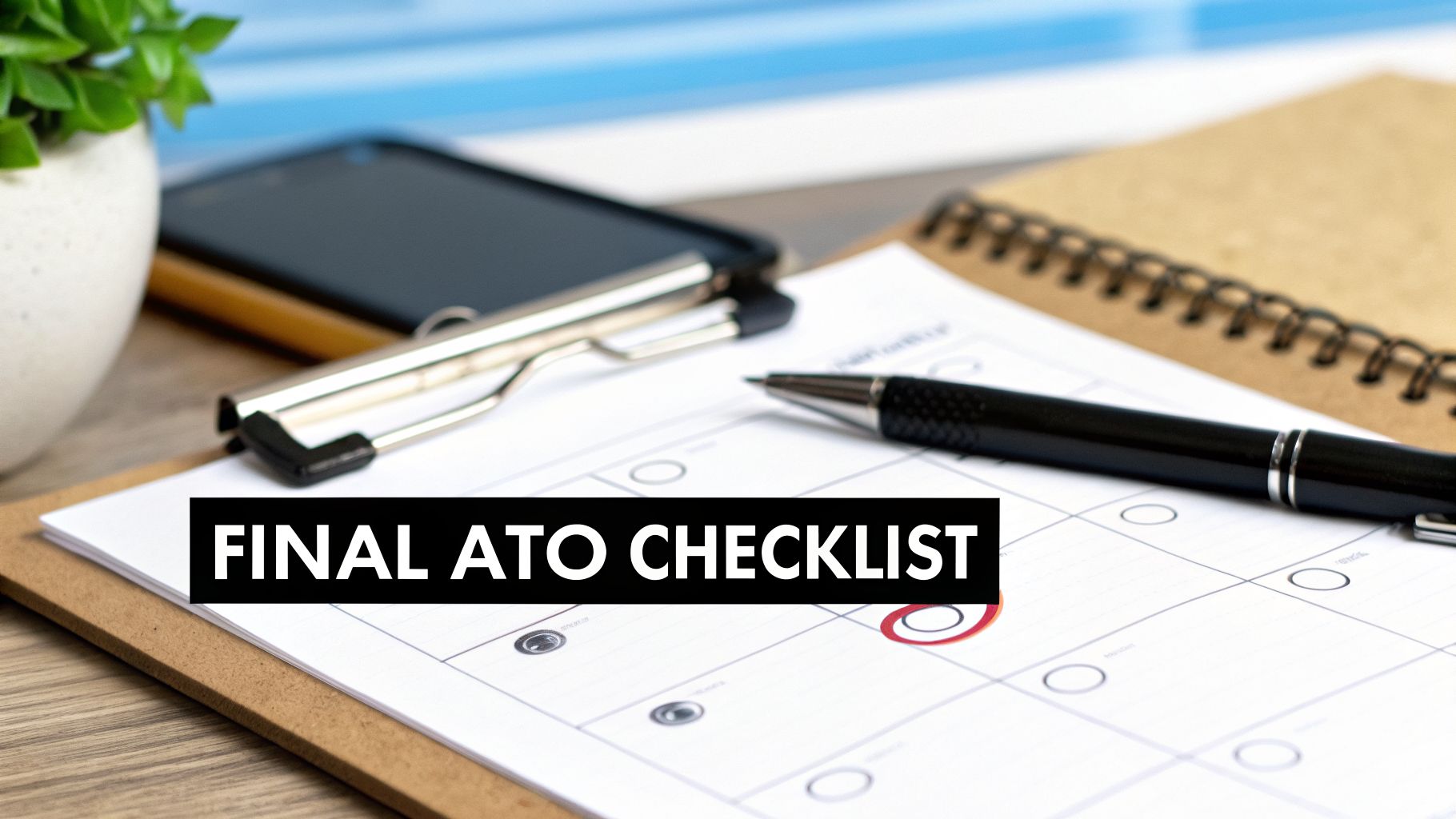 A desk scene featuring a 'FINAL ATO CHECKLIST' on a clipboard with a pen, ready for tax preparation.