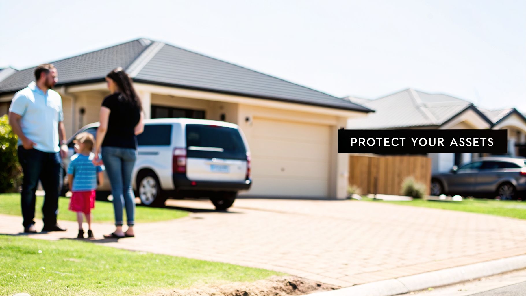 A family stands in front of their modern house and car, symbolizing asset protection.