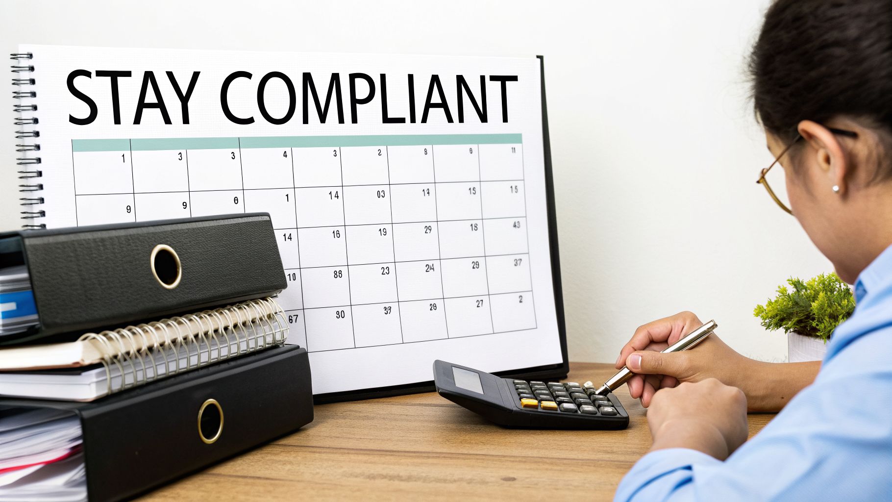 A person calculates on a desk with a 'STAY COMPLIANT' calendar, binders, and a plant.