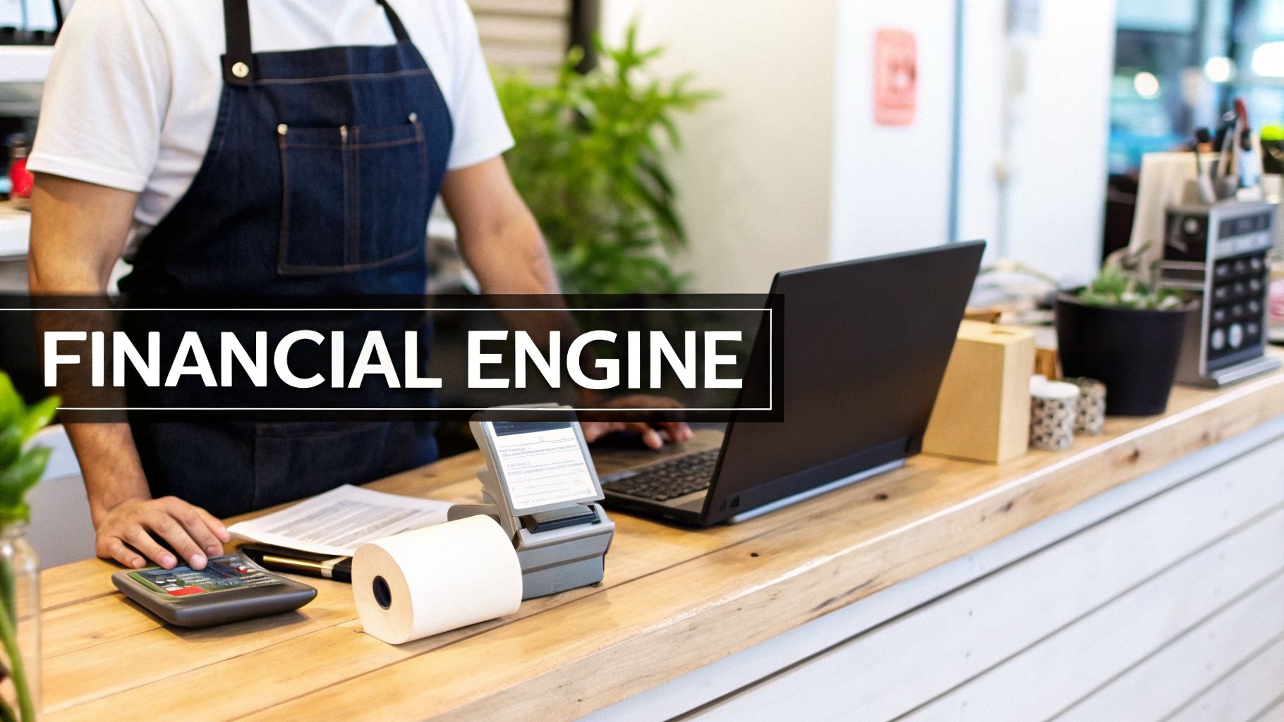 A person in an apron uses a laptop and POS terminal at a small business counter, with 'FINANCIAL ENGINE' overlay.