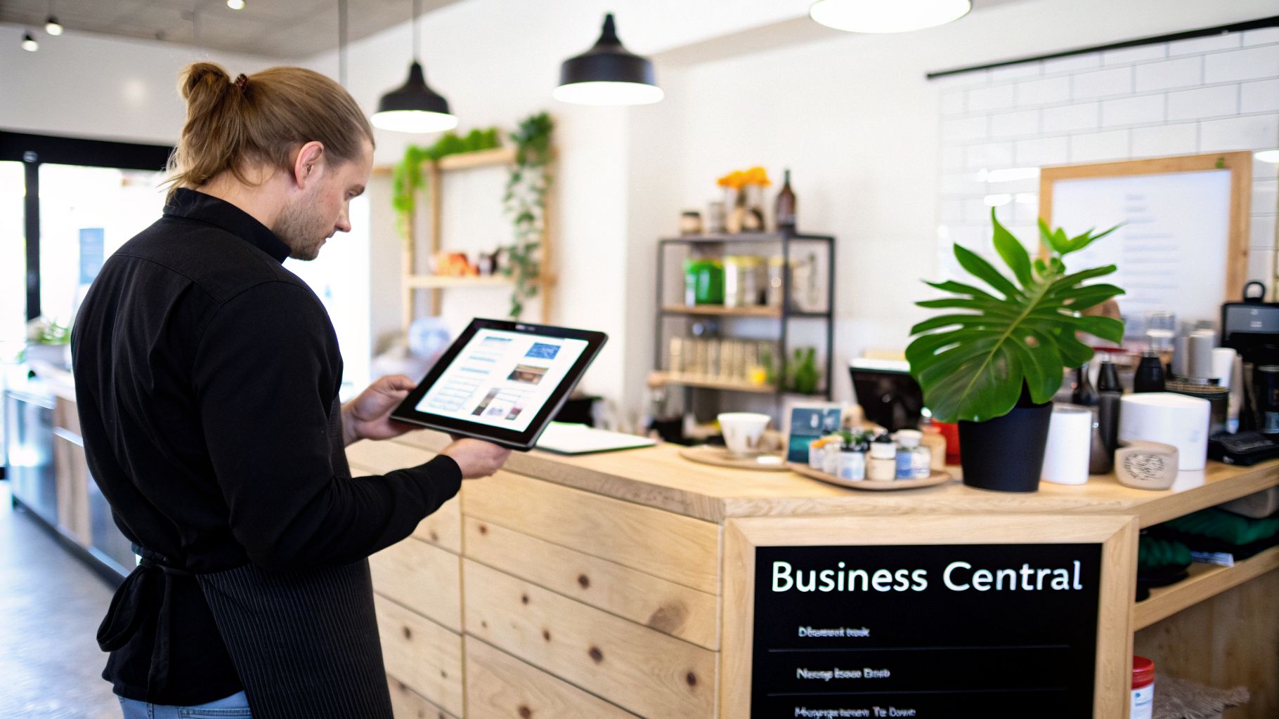 A man in a black shirt and apron uses a tablet at a modern cafe counter, managing business operations.