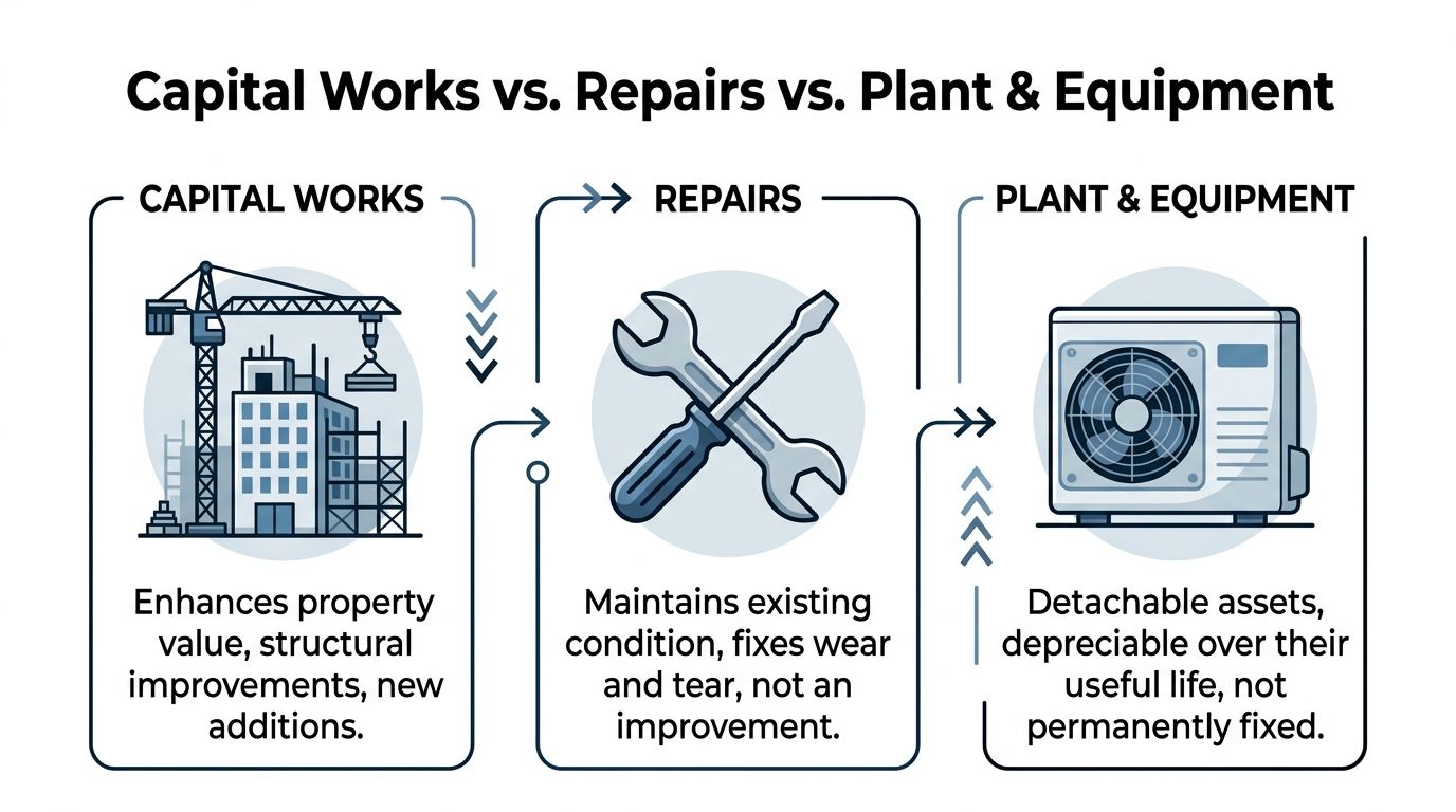A diagram comparing capital works, repairs, and plant and equipment with brief explanatory text for each.