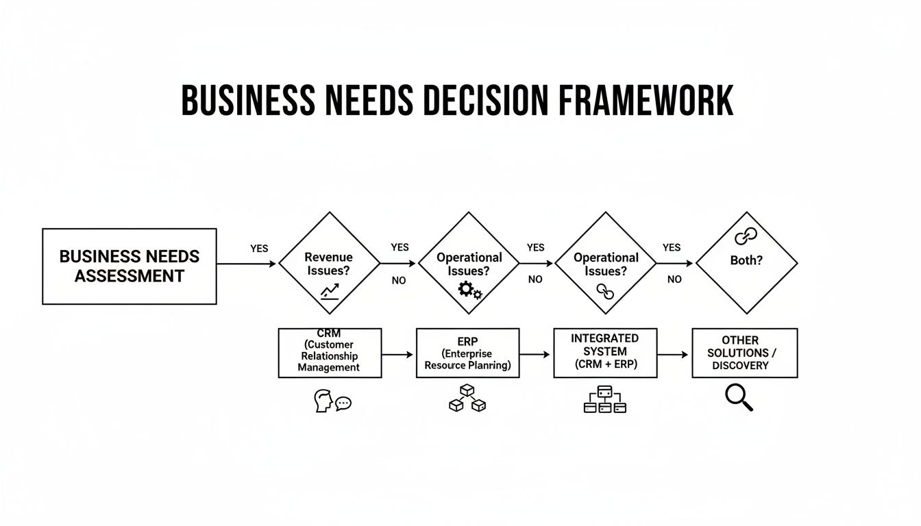 A business needs decision framework flowchart guiding choices for CRM, ERP, integrated systems, or other solutions.