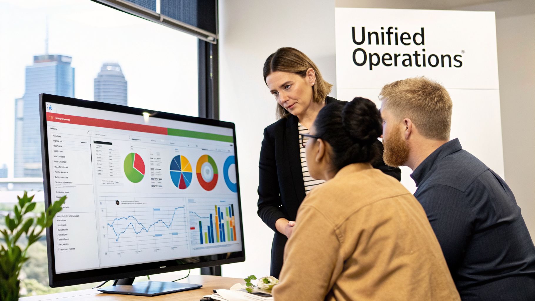 Three colleagues analyze data visualizations on a computer screen, discussing business operations in an office.