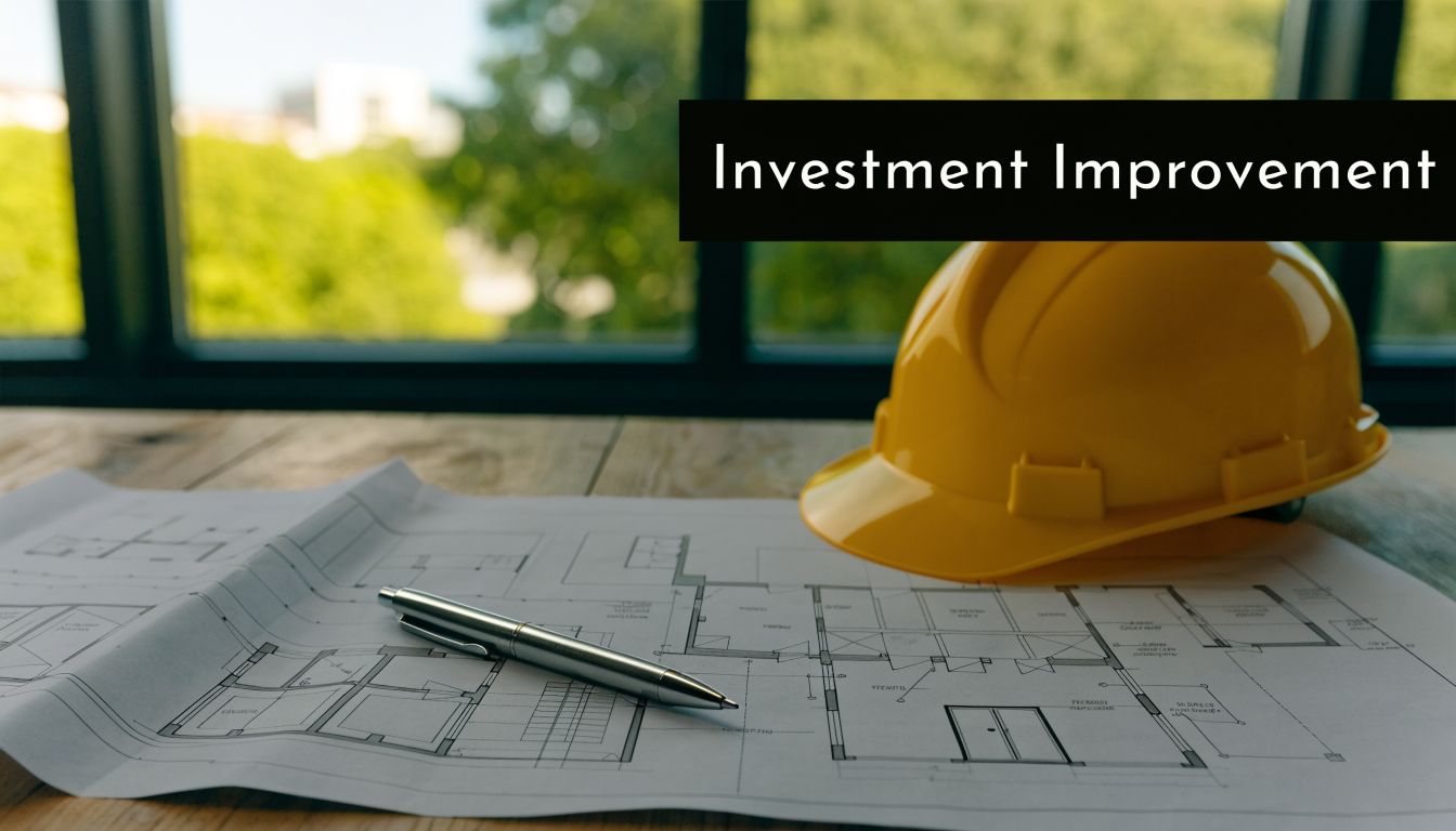 A yellow construction hard hat and a silver pen resting on architectural building blueprints on a wooden table.
