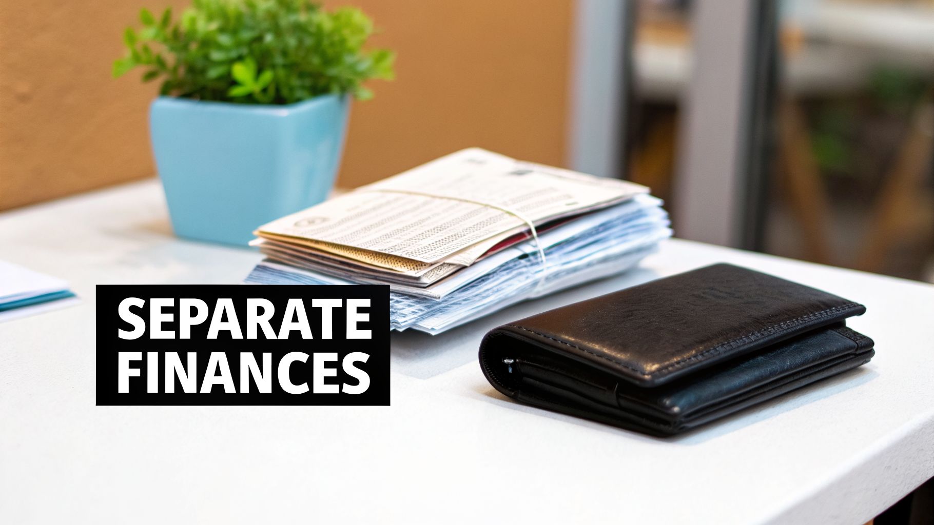 A stack of financial documents, a black wallet, and a plant on a desk with 'Separate Finances' text.
