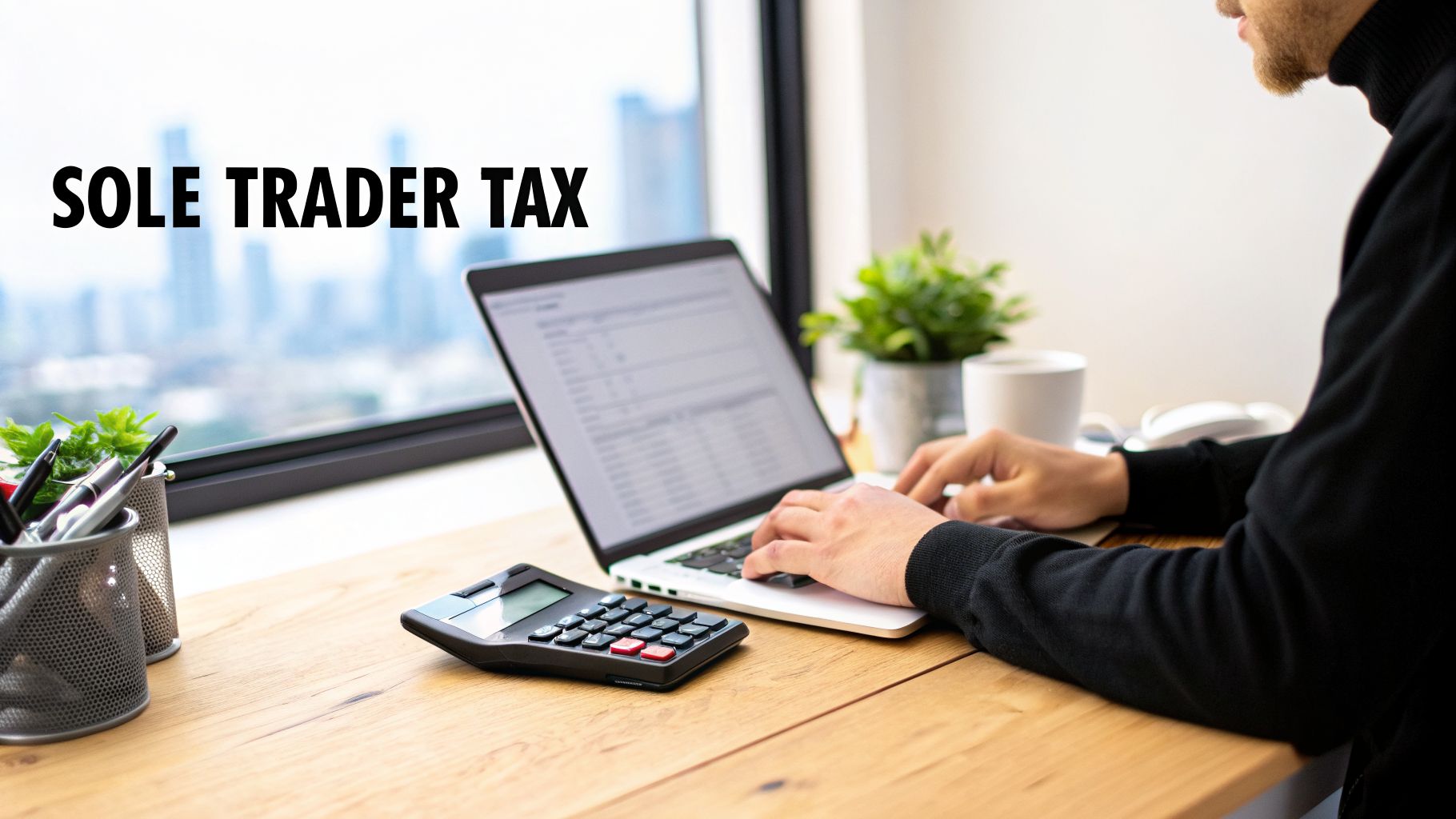A person working on a laptop and calculator at a desk, with text 'SOLE TRADER TAX' overlaid.