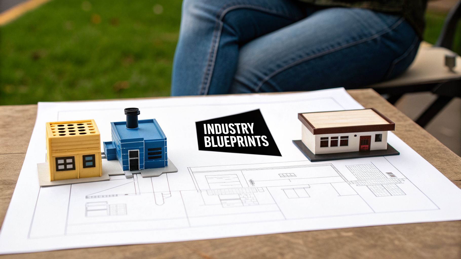 Three miniature building models placed on a blueprint labeled 'Industry Blueprints' on a wooden table.