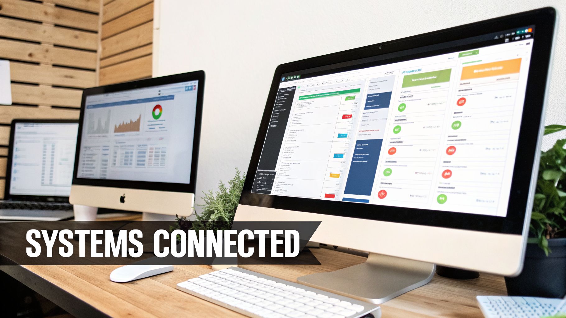 Multiple computers on a modern desk displaying data dashboards, charts, and interconnected business systems.