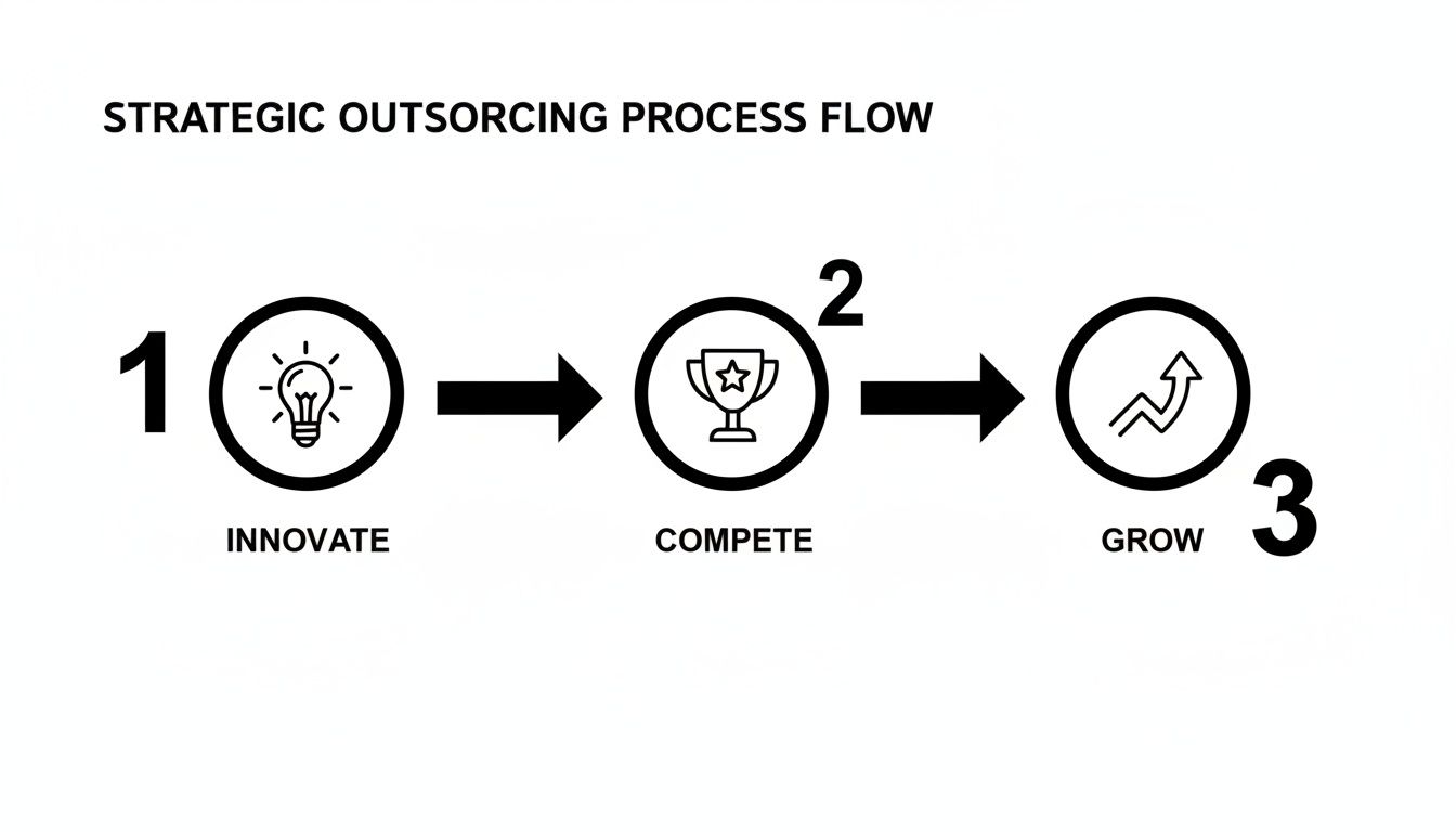 A strategic outsourcing process flow with three steps: 1 Innovate, 2 Compete, and 3 Grow.