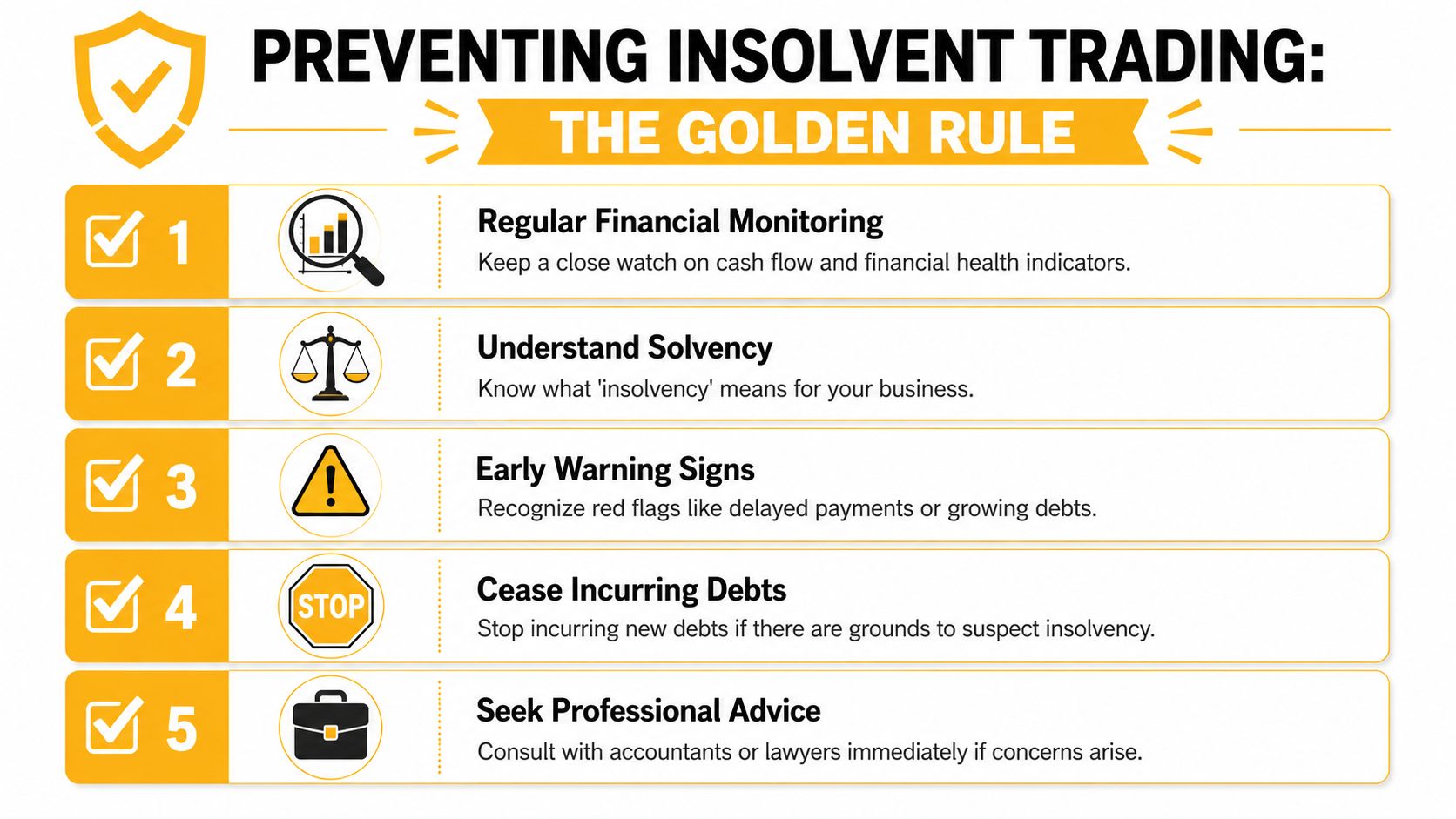 An infographic titled Preventing Insolvent Trading listing five golden rules for business directors to manage financial health.
