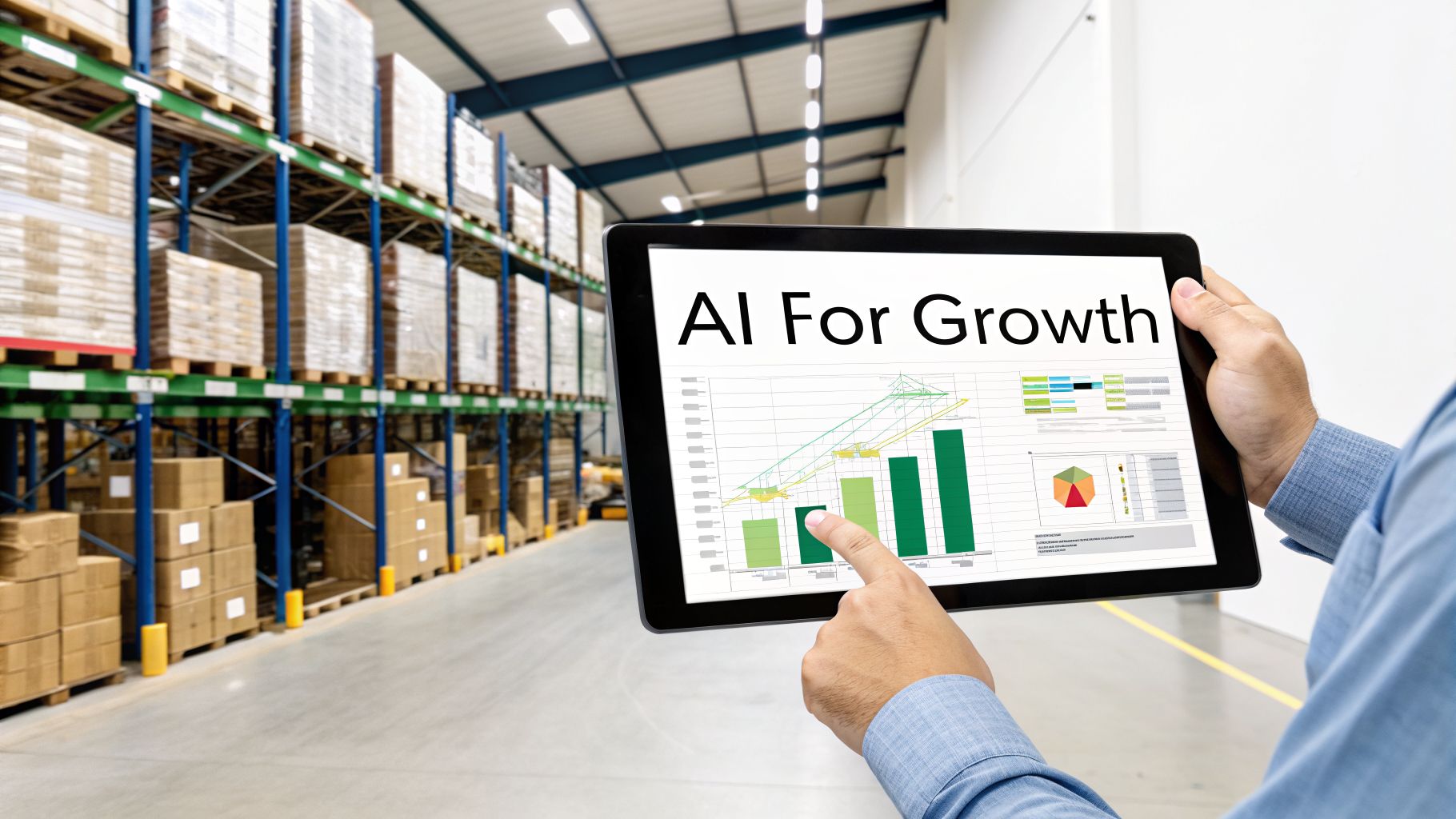 Person holding a tablet with 'AI For Growth' and charts in a modern warehouse setting.