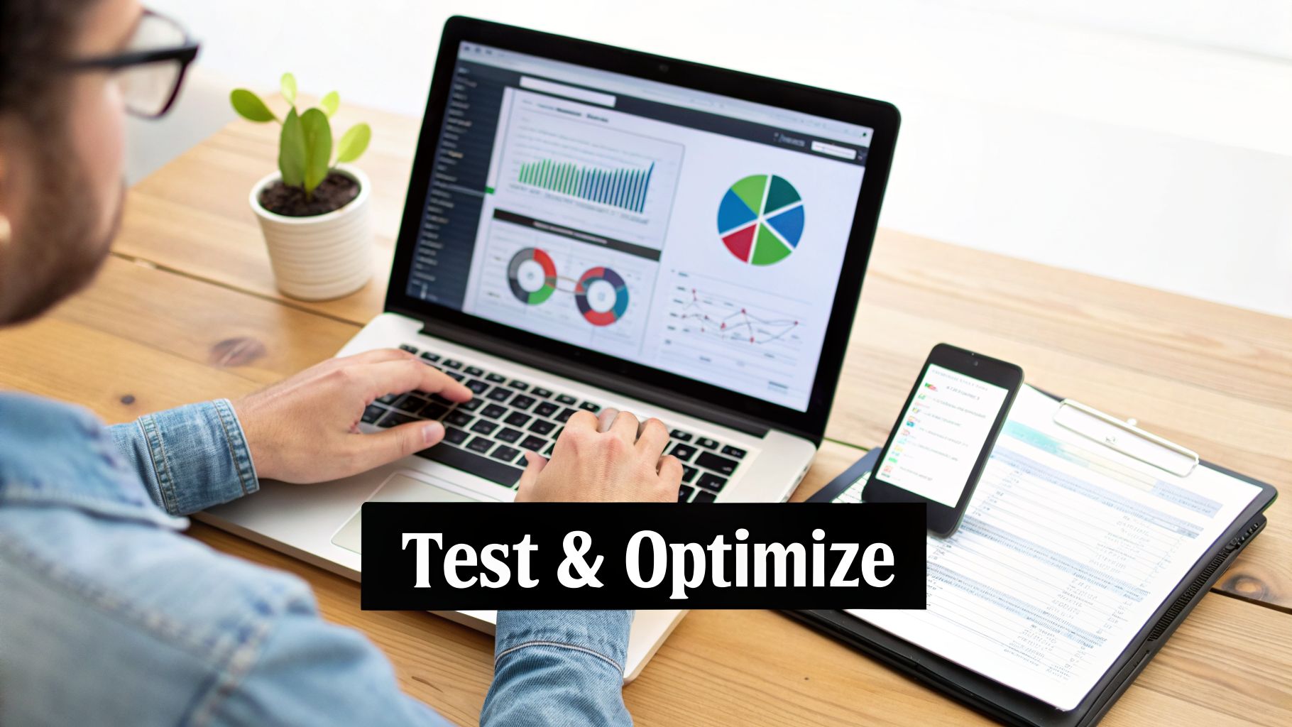 A person works on a laptop displaying data charts and graphs for testing and optimization.