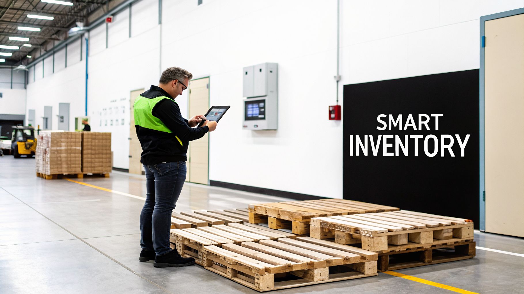 A man in a high-visibility vest uses a tablet for smart inventory management in a modern warehouse with pallets and boxes.