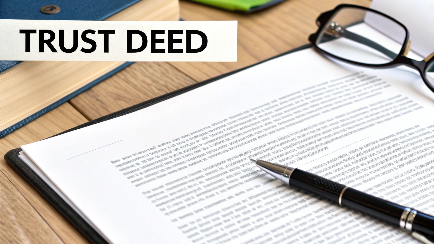 A close-up of a document titled 'TRUST DEED' with a pen and glasses on a wooden desk.