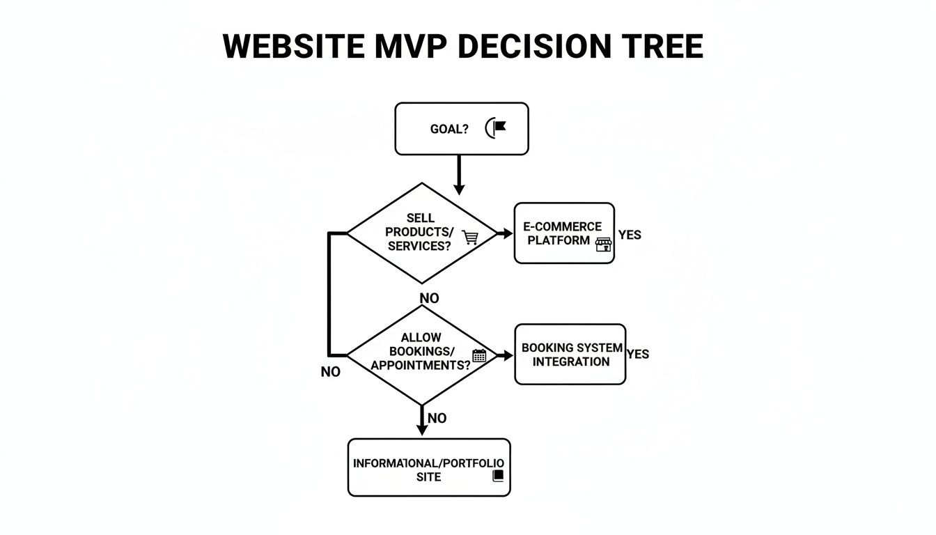 A decision tree flowchart illustrating website MVP choices based on product sales, services, or bookings.
