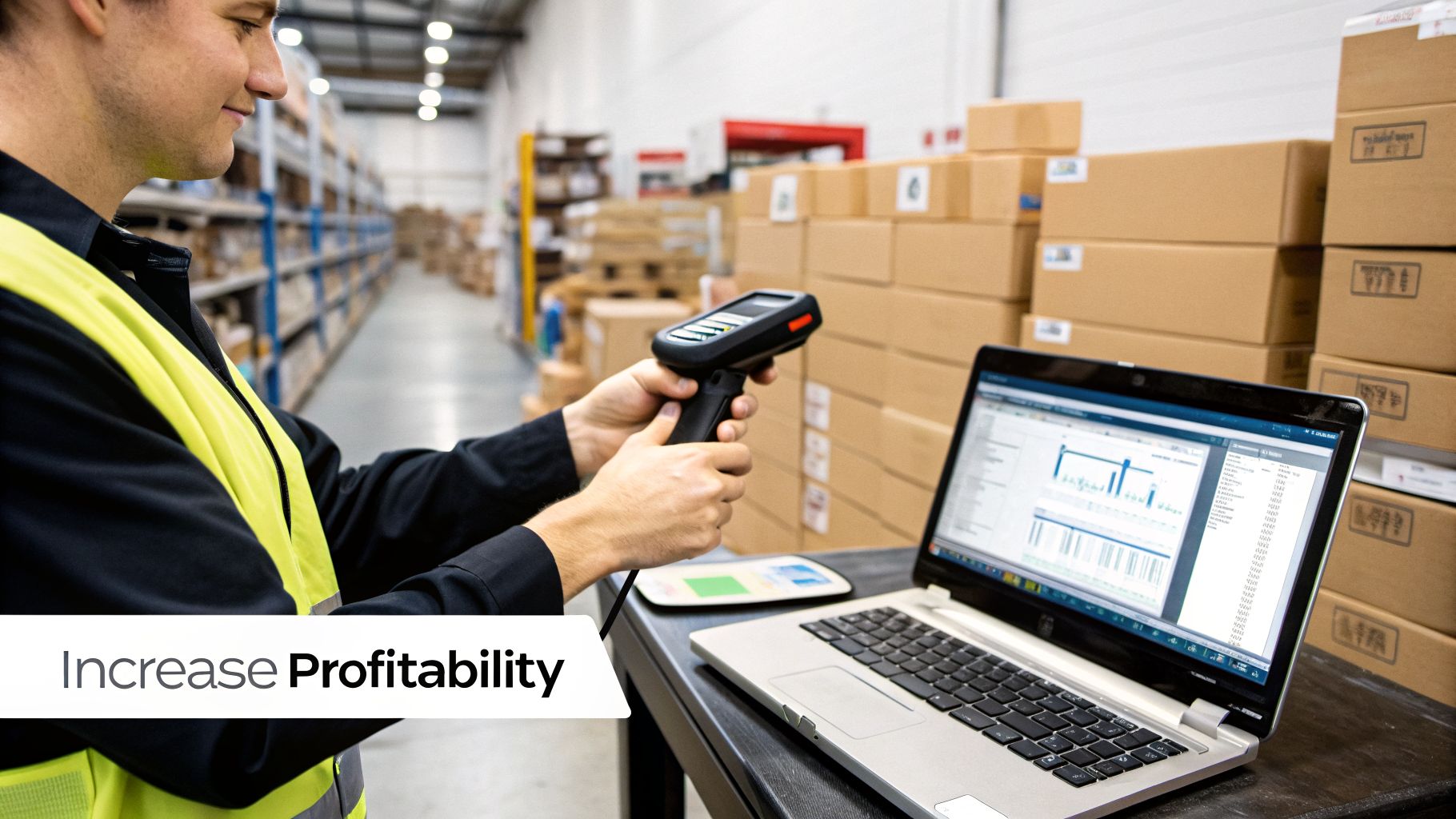 Warehouse worker using a handheld scanner and laptop for efficient inventory management and logistics.