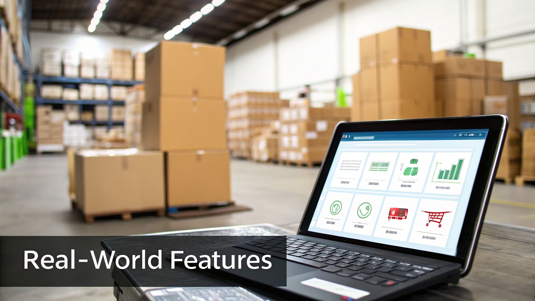 A laptop displaying inventory management software with charts and icons in a warehouse setting with stacked boxes.