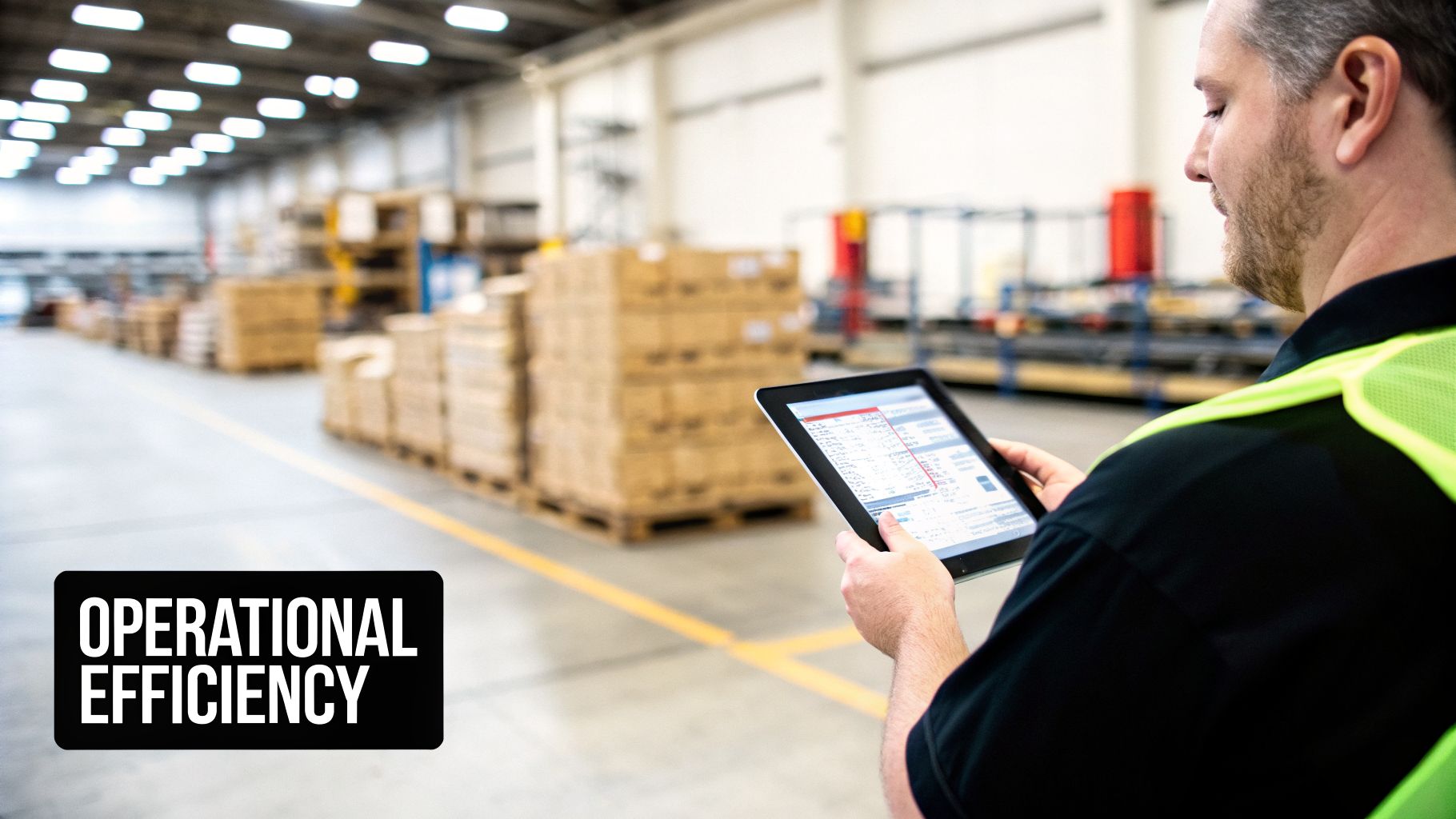 Worker in a warehouse uses a tablet to manage logistics and improve operational efficiency.