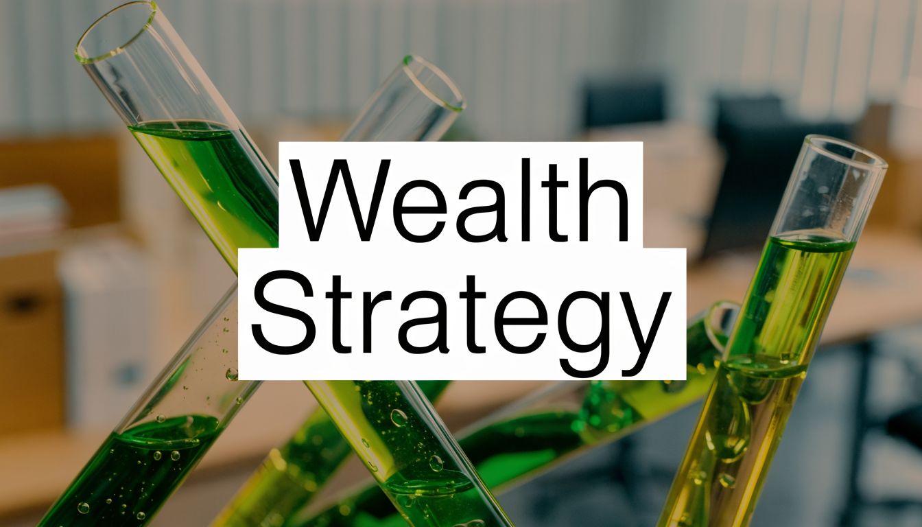 Test tubes filled with green liquid represent the concept of wealth strategy in a professional setting.