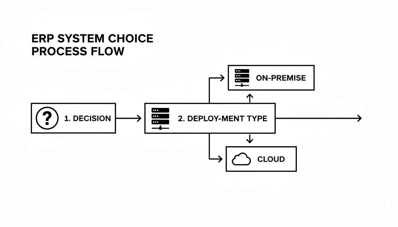 Flowchart illustrating ERP system choice process, showing decision and deployment type options: on-premise or cloud.