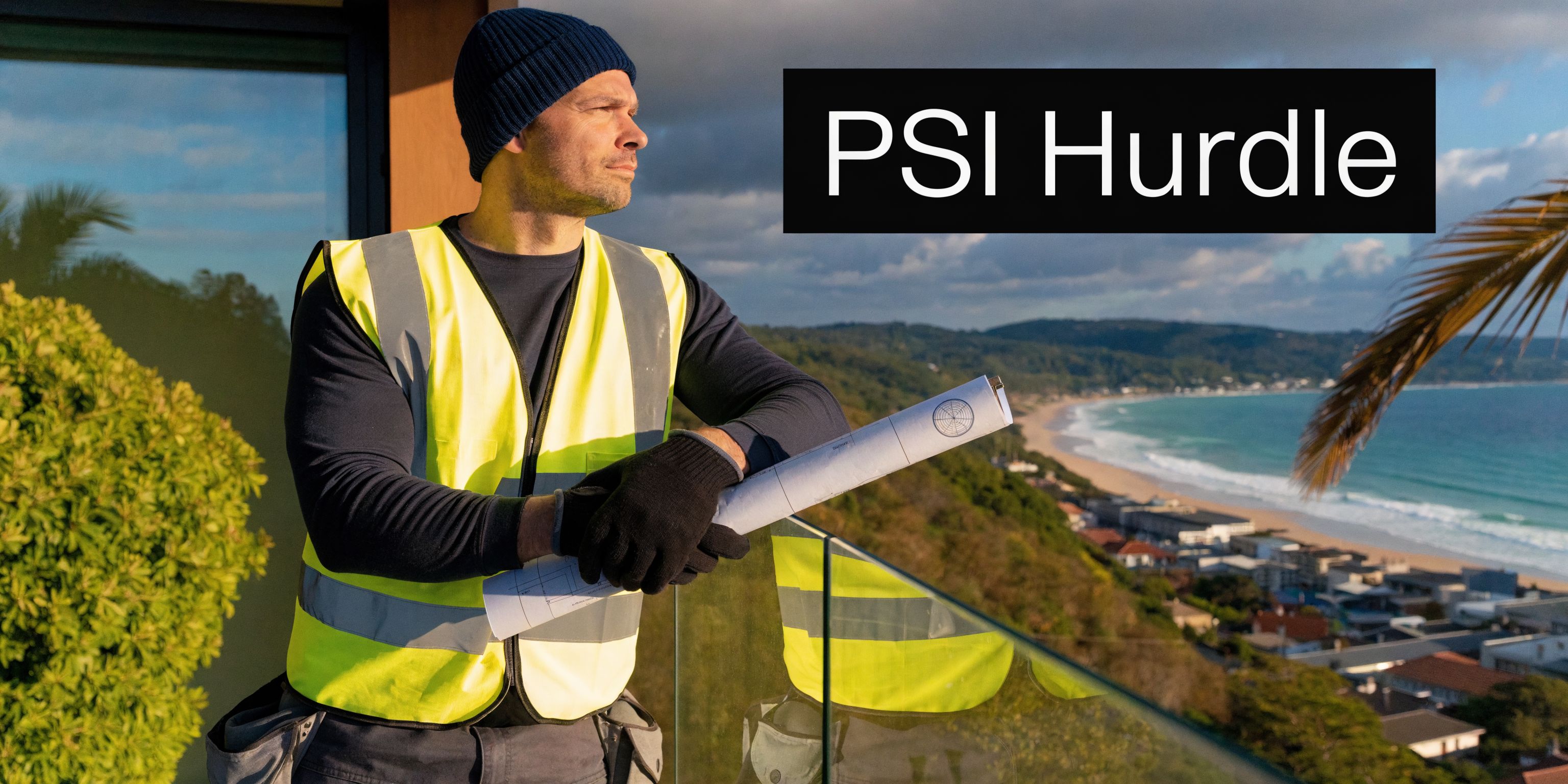 A construction professional holding blueprints, standing on a balcony overlooking a coastal town during sunset.