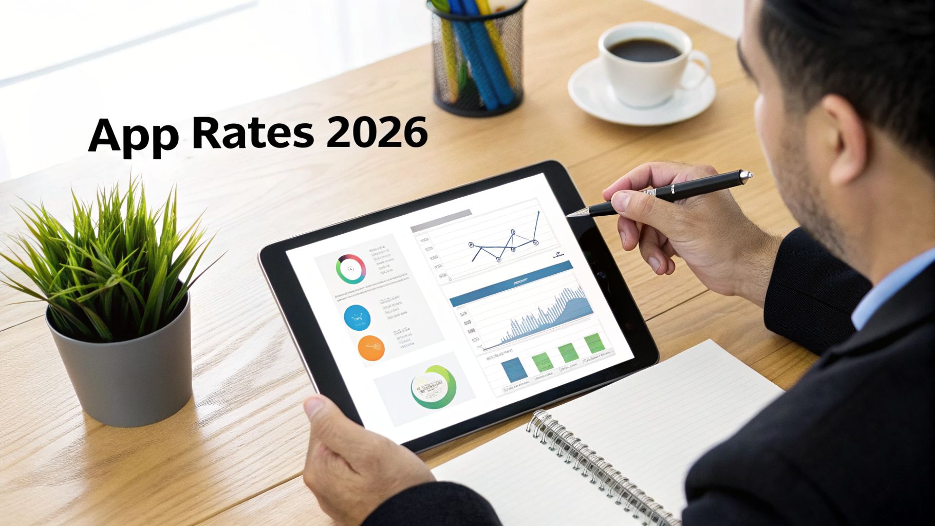 A man reviews 'App Rates 2026' on a tablet displaying various business charts and data.