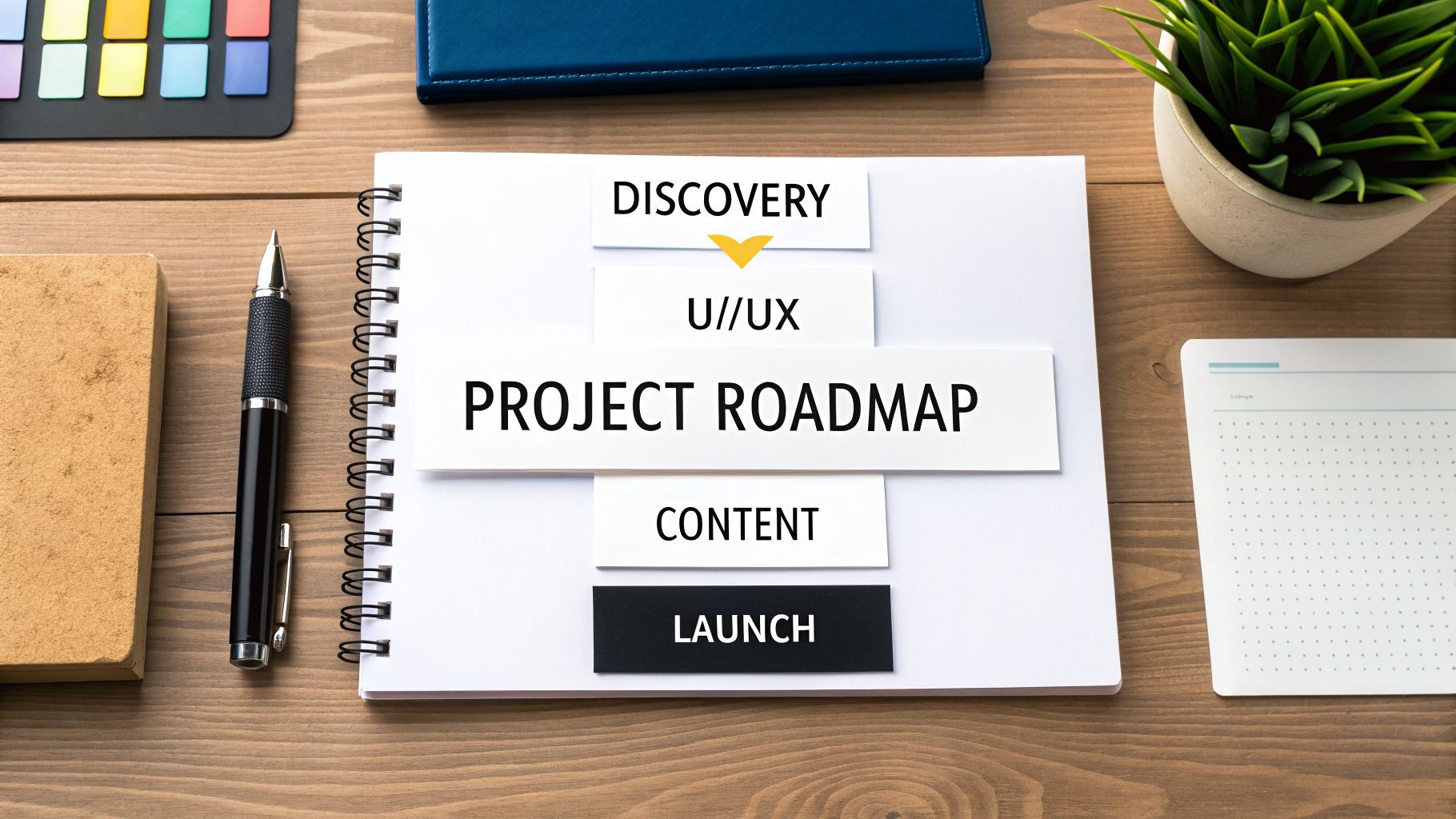 A top-down view of a project roadmap showing steps like discovery, UI/UX, content, and launch.