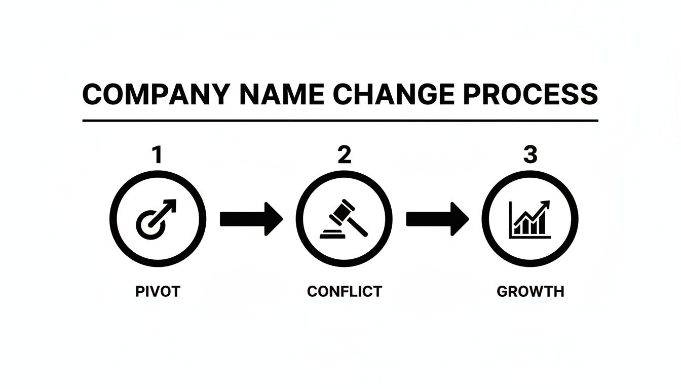 Diagram illustrating the company name change process: Pivot, Conflict, and Growth stages.