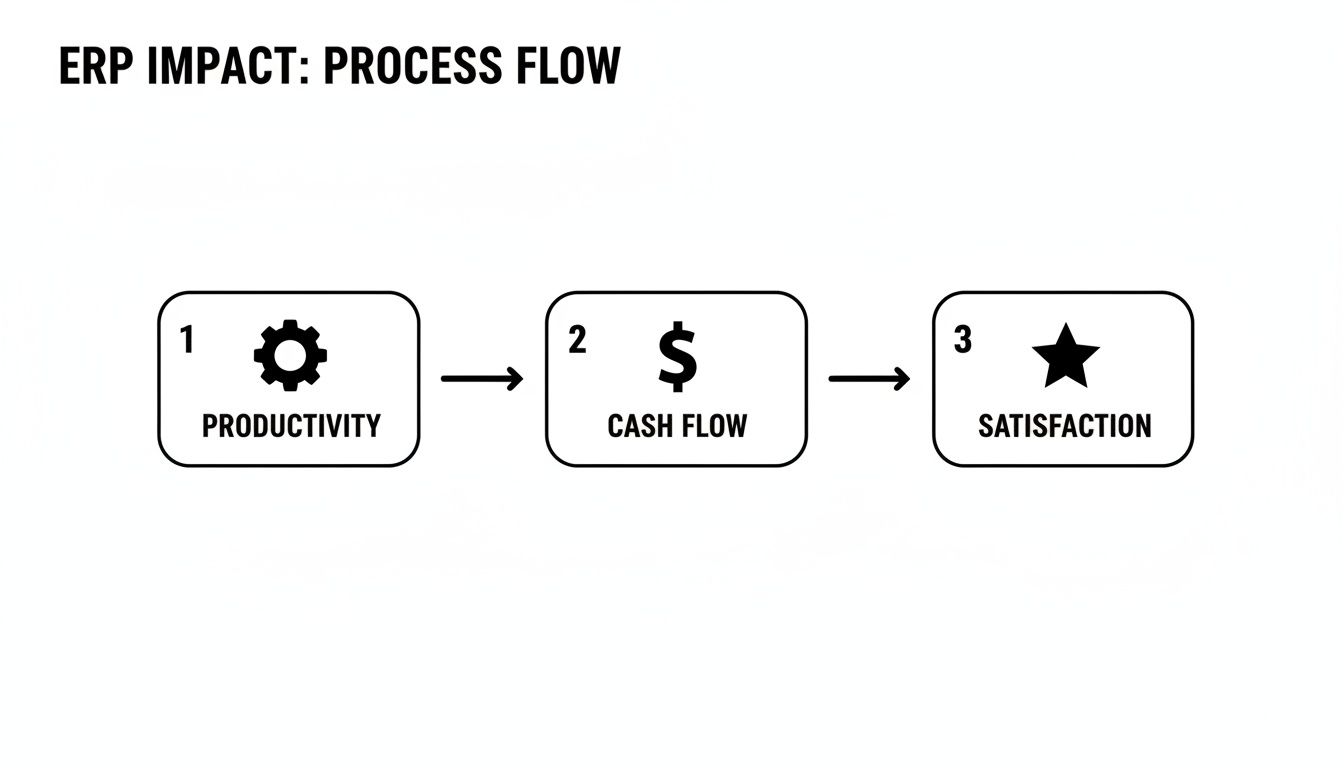 Flowchart illustrating ERP impact: Productivity leads to Cash Flow, which leads to Satisfaction.