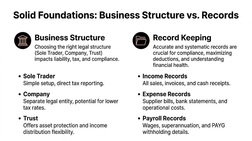 A comparison chart outlining key differences between business structure types and essential record keeping for business owners.