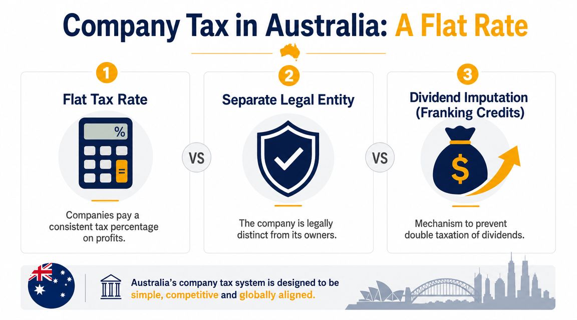 An infographic explaining Australia's company tax system, including flat rates, legal entities, and dividend imputation.